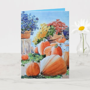 Kürbisse und Chrysanthemen Grußkarte, Herbst Kunst Karte