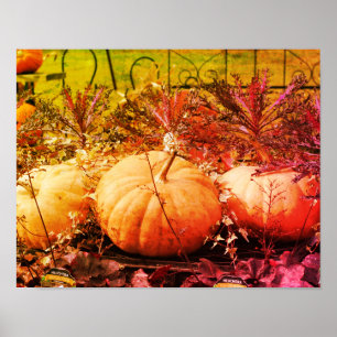 Kürbisse und Herbstpflanzen im Distressed-Art-Stil Poster
