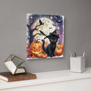 Kürbisse und schwarze Katzen Halloween-Wanduhr Quadratische Wanduhr