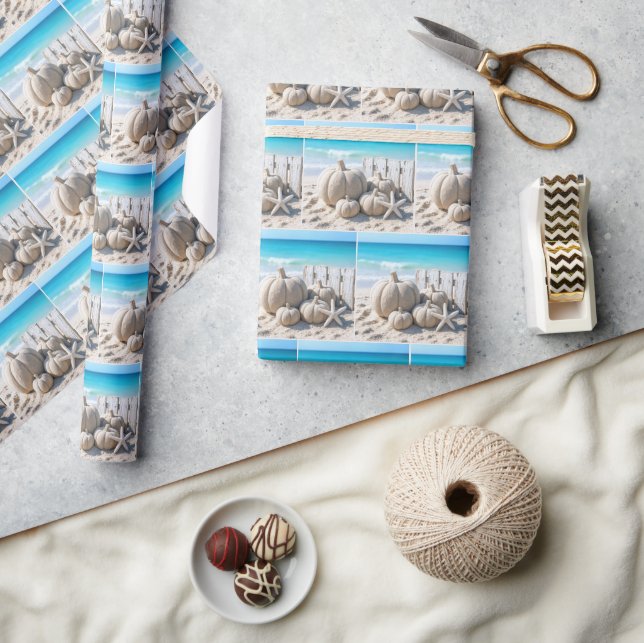 Kürbisse und Seesterne am Strand Geschenkpapier (Kunsthandwerk)