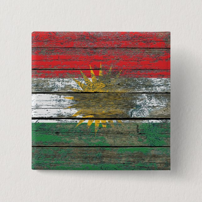 Kurdische Flagge auf rauem Holz verschalt Effekt Button (Vorderseite)