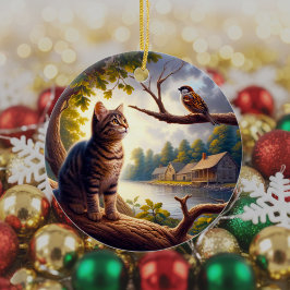 Kurioses Tabby-Katzen-Andenken Keramik Ornament