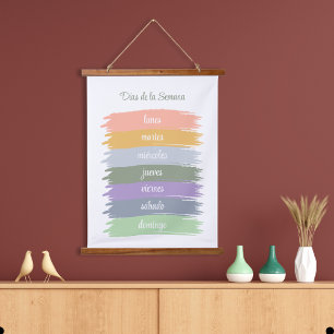 Kursive Spanische Tage der Woche Pinselstriche Wandteppich Mit Holzrahmen