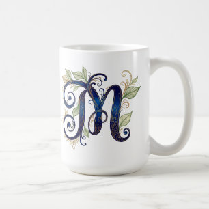 Kursives M – Elegantes Blau & Gold-Monogramm Kaffeetasse