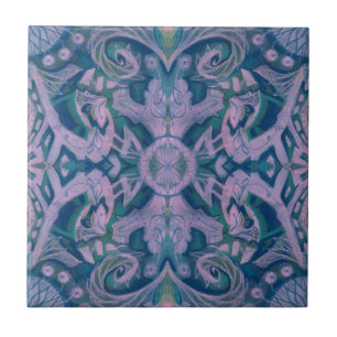 Kurven & Lotusse, abstraktes Muster lila & blau Fliese