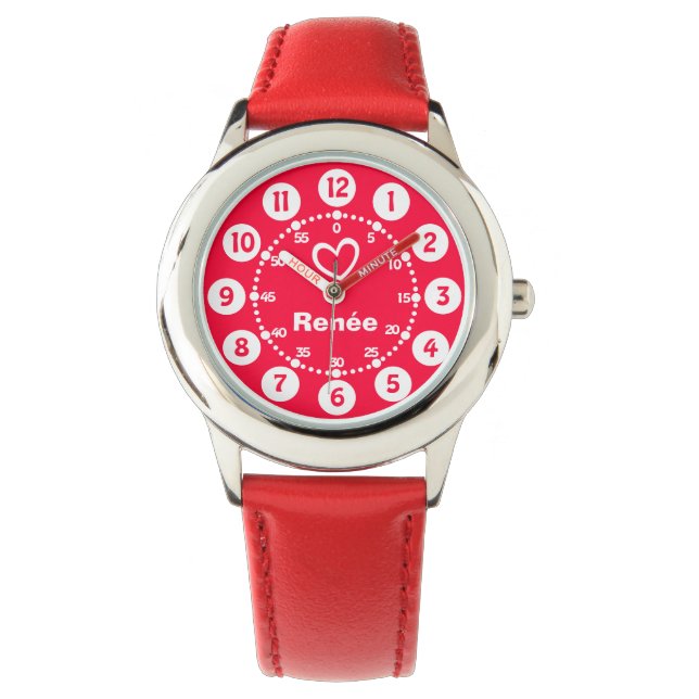 Kurze Armbanduhr für Mädchen in Rot und Weiß (Vorderseite)