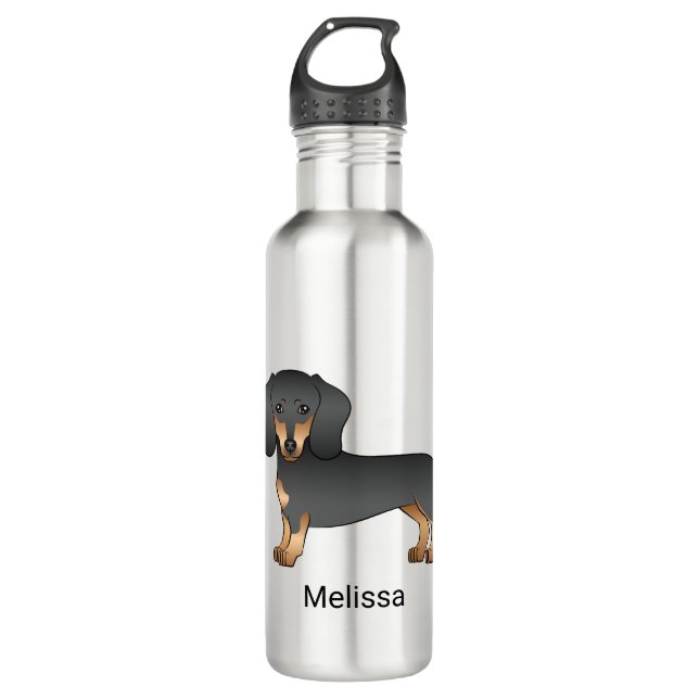 Kurze Dackel aus schwarz und tan Niedlich Hund und Edelstahlflasche (Vorderseite)