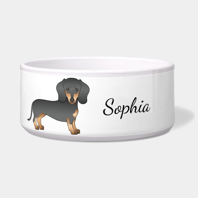 Kurze Dackel für Schwarz und Tan Niedlich Hund und Napf (Vorderseite)