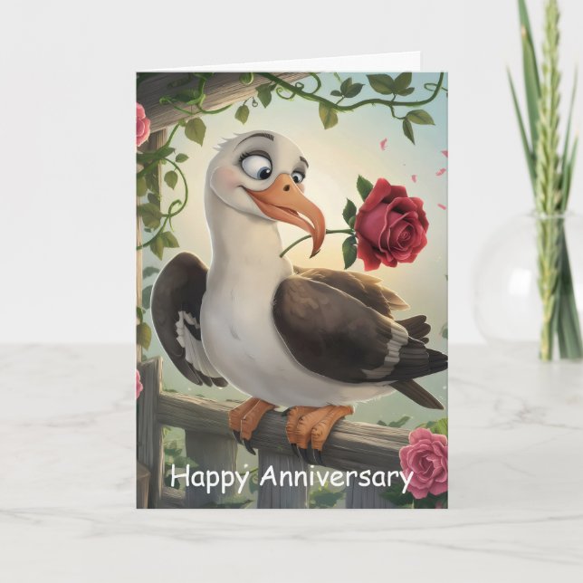Kurze geschwungene Albatrosen mit Rose im Schnabel Karte (Vorderseite)
