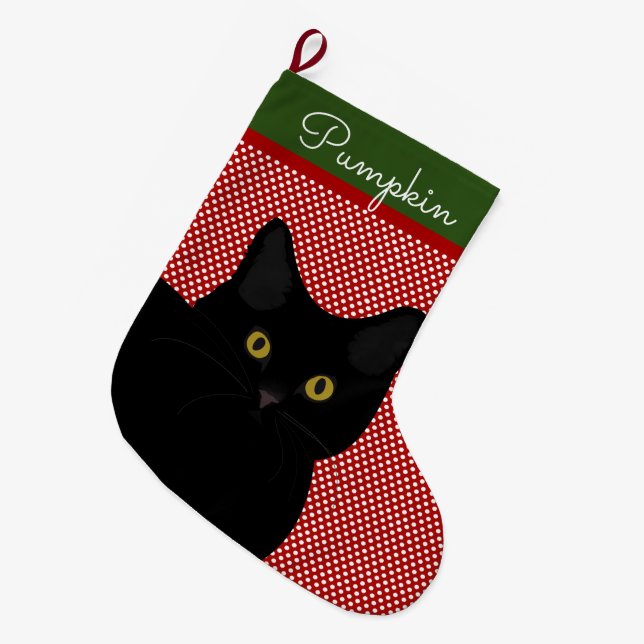 Kurze schwarze Haare Gelbe Augen Personalisiert Großer Weihnachtsstrumpf (Vorderansicht (hängend))