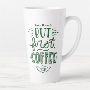 Kurzer Kaffee-Spruch in grüner Kalligrafie Hoch Milchtasse