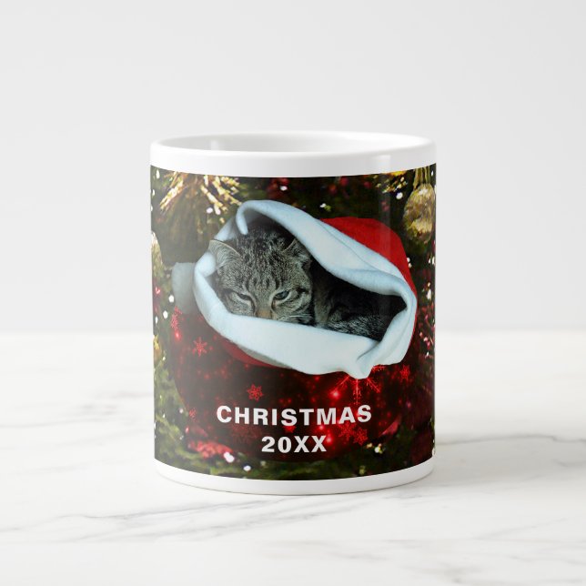 Kurzfristige graue Katze Rote Weihnachtsmannmütze  Jumbo-Tasse (Vorderseite)