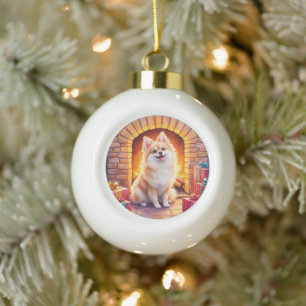 Kuschelige Pomeranian-Weihnachts-Kamin-Hunde-Kunst Keramik Kugel-Ornament