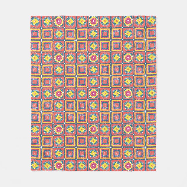 Kuscheliges modernes Retro-Korallen-Großmutterquad Fleecedecke (Vorderseite)