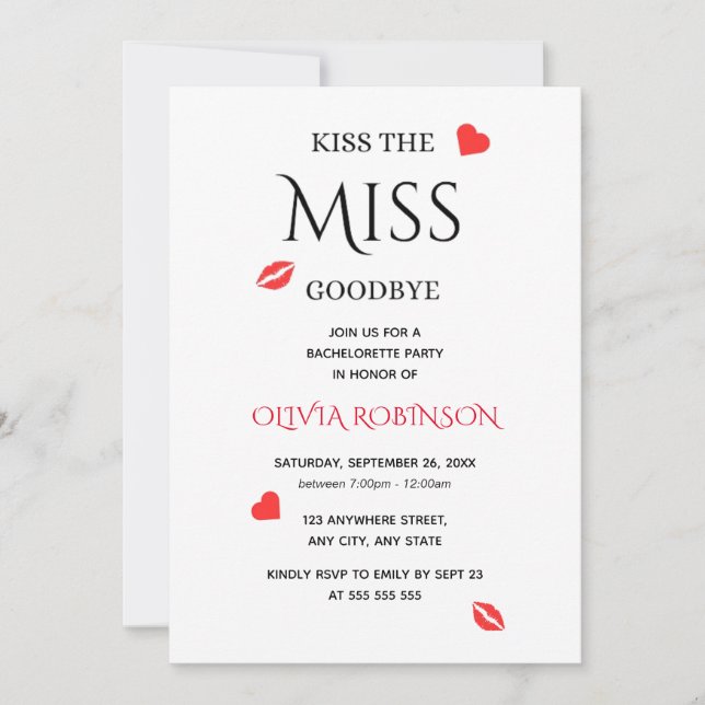 Küss den Miss-Goodbye-Junggeselinnen-Abschied Einladung (Vorderseite)