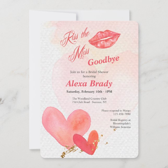 Kuss die Miss Goodbye Bridal Dusche Einladung (Vorderseite)