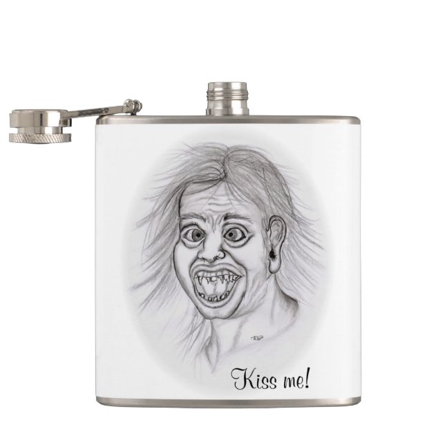 Küss mich! Stift gezeichnet Schwarzweißdesign Flachmann (Geöffnet)
