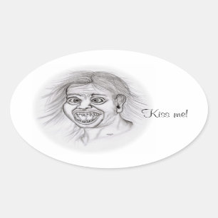 Küss mich! Stift gezeichnet Schwarzweißdesign Ovaler Aufkleber