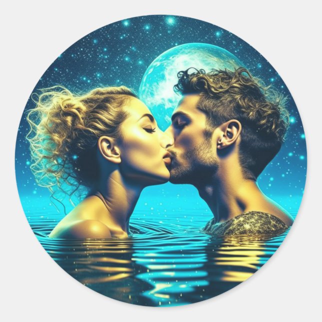 Kuss unter dem Mond im ruhigen Ozean Runder Aufkleber (Vorderseite)