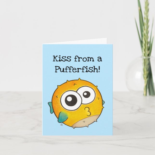 Kuss von einem Puffer Fisch, Niedlicher Gelbbblown Karte (Vorderseite)