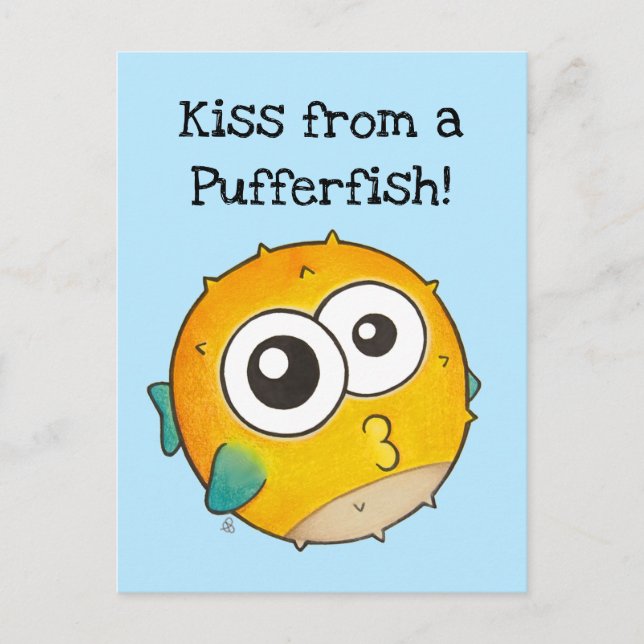 Kuss von einem Puffer Fisch, Niedlicher Gelbbblown Postkarte (Vorderseite)