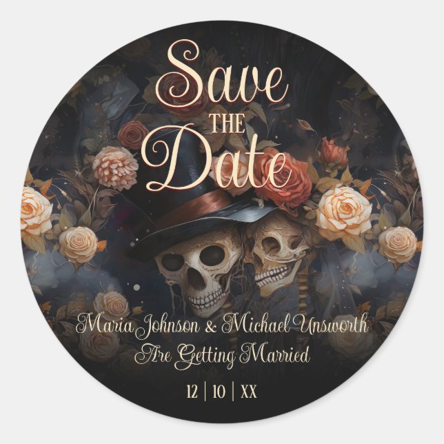 Küssen der gotischen Skelettkarte Save the Date Runder Aufkleber (Vorderseite)