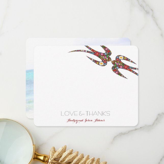 Küssen Schwalben Frühlingsblumen Chic Wedding Foto Dankeskarte (Vorderseite/Rückseite Beispiel)