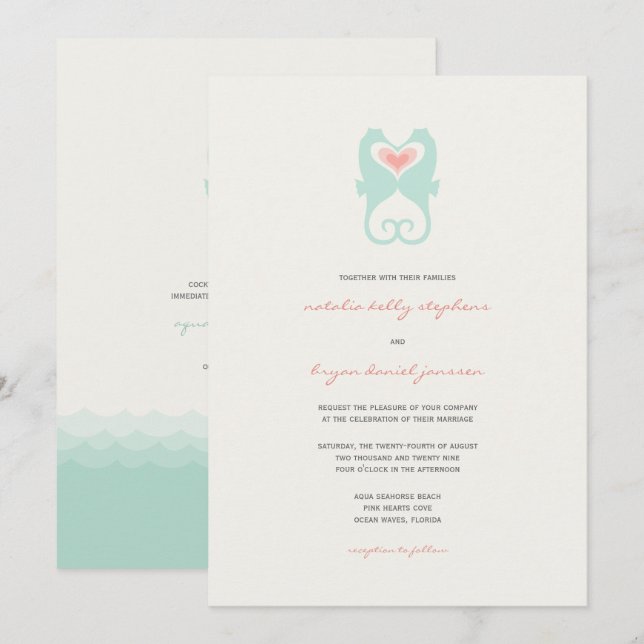 Küssen Seepferde Liebe Hearts Beach Summer Wedding Einladung (Vorne/Hinten)
