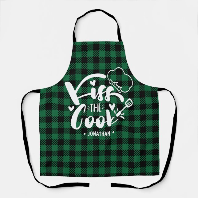 Küssen Sie den Koch Funny Green Kariert Kitchen Schürze (Vorderseite)