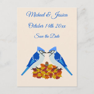 Küssen von blauen Jay Hochzeit im Herbst Save the Postkarte