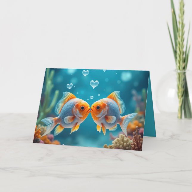 Küssen von Fisch mit den Jubiläumsblasen des Herze Karte (Vorderseite)
