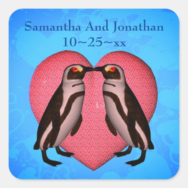 Küssen von Pinguinen Herz Personalisierte Hochzeit Quadratischer Aufkleber (Vorderseite)