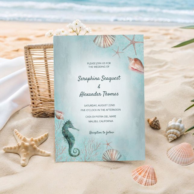 Küste | Beach Blue Watercolor Seashells Wedding Einladung (Von Creator hochgeladen)
