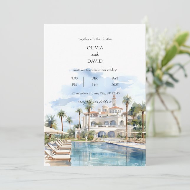 Küste Palm Luxury Resort Ort Hochzeit Einladung (Stehend Vorderseite)