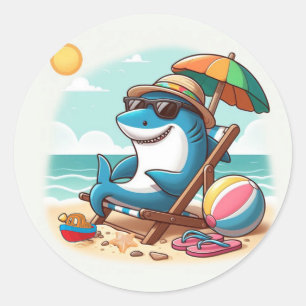 Küste/Strand niedlicher Cartoon Hai Runder Aufkleber