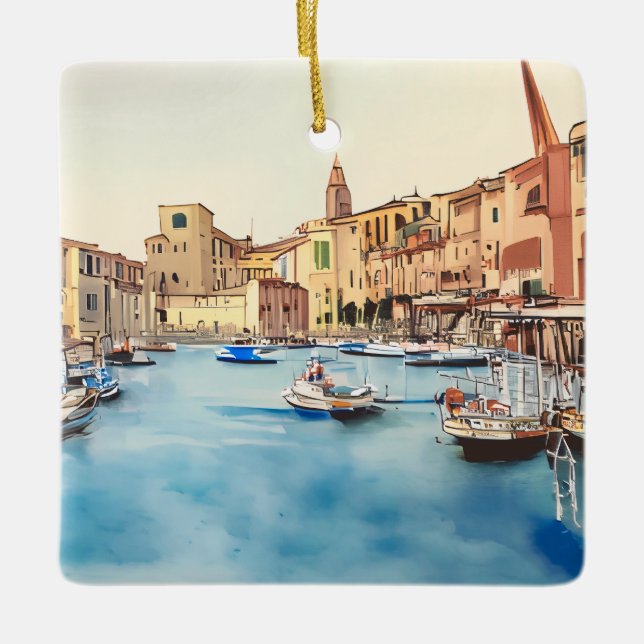 Küste und Boote im Hafen, italienisch Keramikornament (Vorderseite)