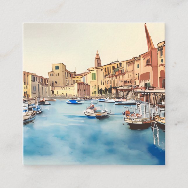 Küste und Boote im Hafen, italienisch Quadratische Visitenkarte (Vorderseite)