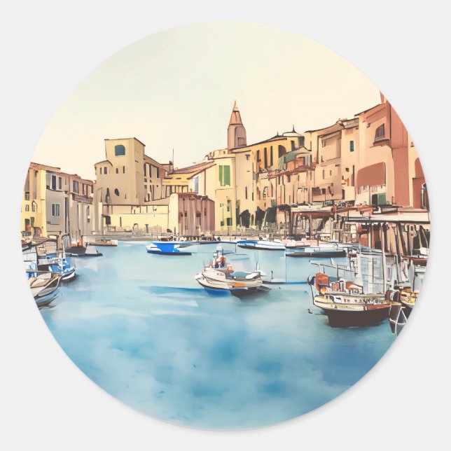 Küste und Boote im Hafen, italienisch Runder Aufkleber (Vorderseite)