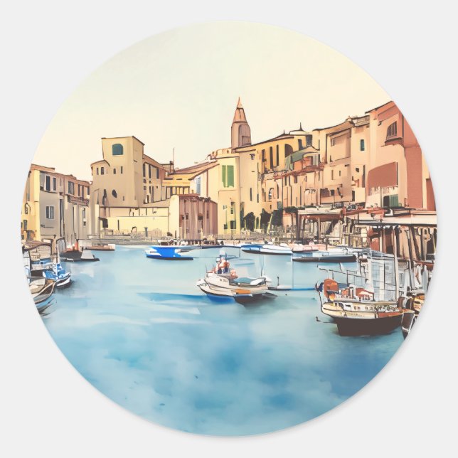 Küste und Boote im Hafen, italienisch Runder Aufkleber (Vorderseite)