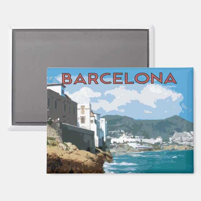 Küste von Barcelona, Spanien mit Strand und Bergen Magnet (Vorderseite/Rückseite)