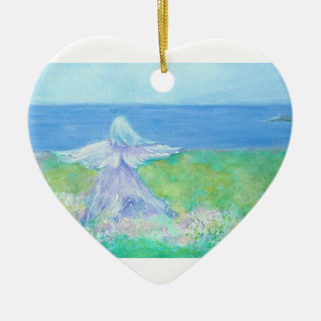 Küsten-Engel mit Delphin-Herz-Weihnachtsverzierung Keramikornament (Vorne)