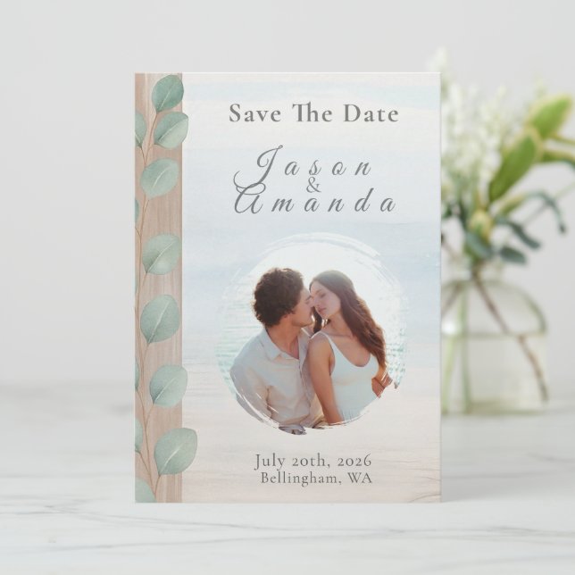 Küsten-Eukalyptus Save The Date Einladung (Stehend Vorderseite)