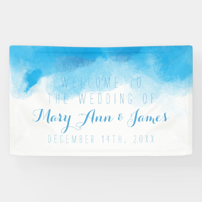 Küsten-Hochzeits-Willkommens-Blau-Aquarell Banner (Horizontal)