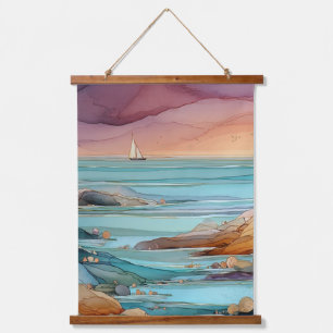Küsten-Sonnenuntergangs-Serenität – Aquarell-Ozean Wandteppich Mit Holzrahmen
