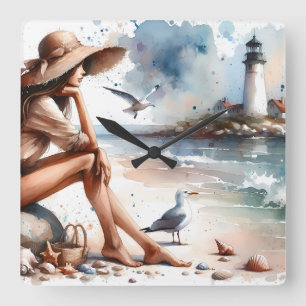 Küsten-Strand-Mädchen & Leuchtturm Quadratische Wanduhr