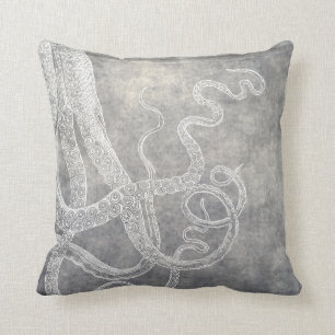 Küstenaquarell-Oktopus-Silber-Pewter-Neutral Kissen