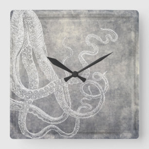Küstenaquarell-Oktopus-Silber-Pewter-Neutral Quadratische Wanduhr