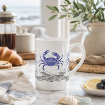 Küstenblaue Krabben-Kaffeetasse mit Ozeanwellen