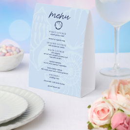 Küstenblaue Meeresmuschel-Hochzeitsmenü Tischaufsteller