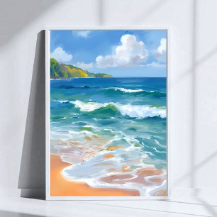 Küstenblaue Wellen Ozean Aquarellmalerei Poster